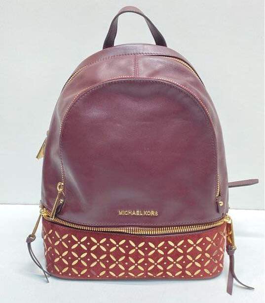 Michael Kors Rhea Floral Burgundy Studded Leather Backpack Bag image number 1