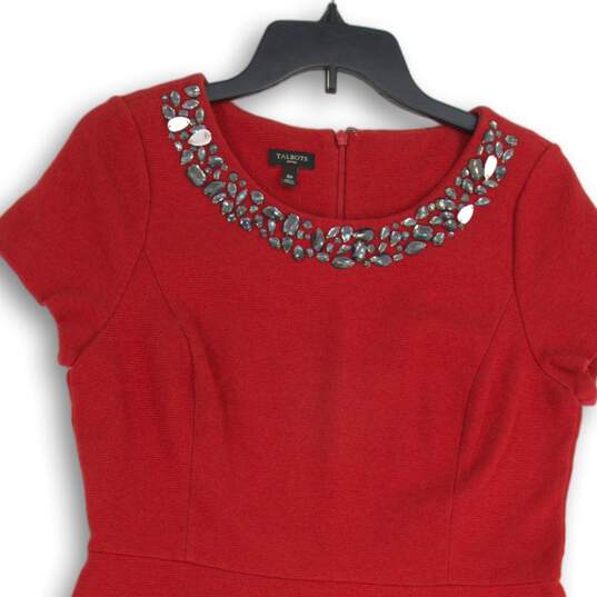 Womens Red Rhinestone Short Sleeve Round Neck Back Zip Sheath Dress Sz 12P image number 3