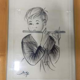VTG Original VIETNAM INK DRAWING ON SILK Boy w/Flute Signed BEKY Framed 7x5.5" alternative image
