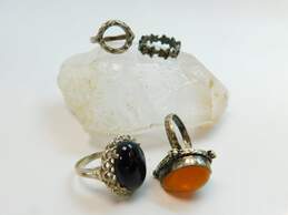 Artisan 925 Black Glass & Faux Amber Cabochons & Textured & Stars Band Rings