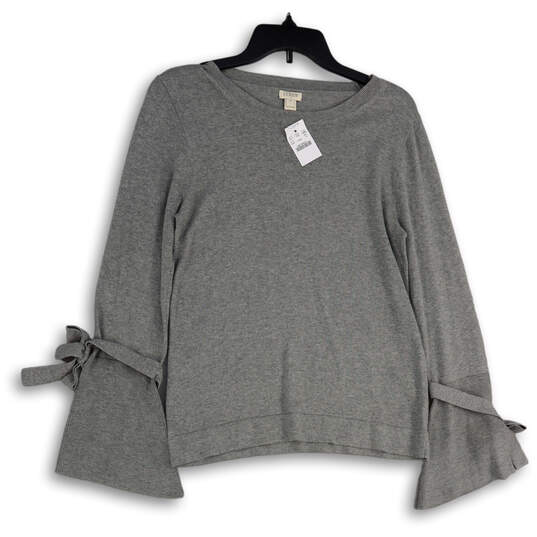 NWT Womens Gray Knitted Round Neck Tie Bell Sleeve Pullover Sweater Size S image number 1