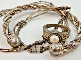 Romantic 925 Liquid Silver Necklace White Pearl Ring & Twisted Cuff Bracelet alternative image