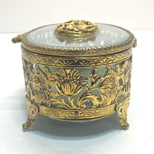 Vintage Jewelry Box Gold Gilded Filigree Case Beveled Glass -Hinged Lid image number 4