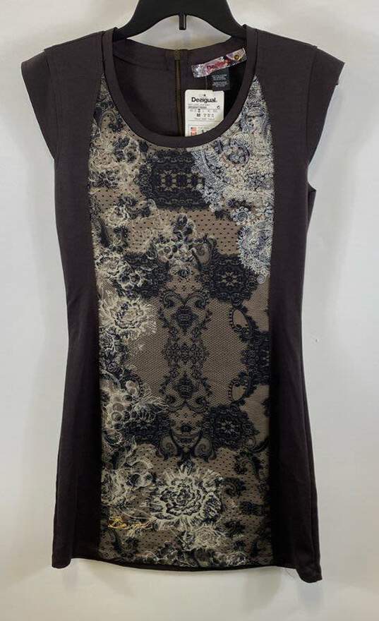 NWT Desigual Womens Brown Paisley Round Neck Back Zip Mini Dress Size M image number 1