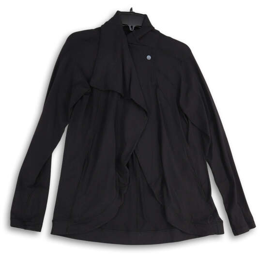 Womens Black Long Sleeve Mock Neck Thumb Keyhole Wrap Jacket Size 8 image number 1