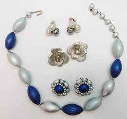 VNTG Vogue & Fashion Blue & Silver Tone Clip-On Earrings & Necklace 66.1g