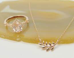 Contemporary 925 Rose Vermeil Leaf Branch Pendant Necklace & Pink & Clear Cubic Zirconia Teardrop Halo Ring 4.0g