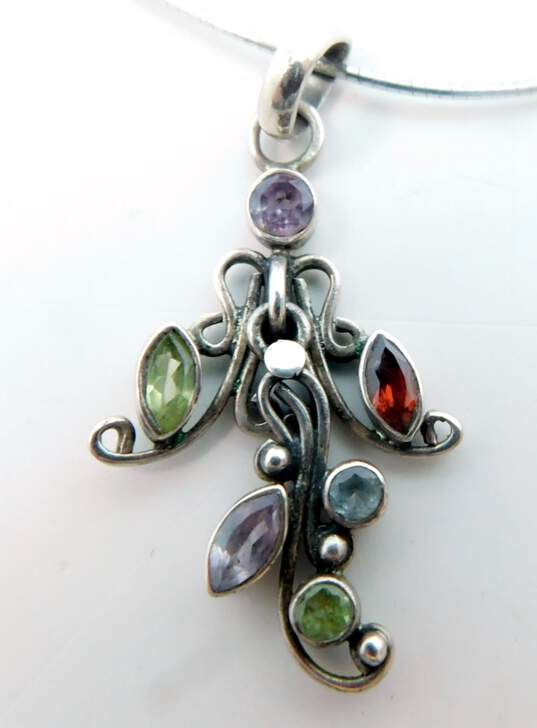 Artisan 925 Faceted Topaz Amethyst Peridot & Garnet Scrolled Pendant Necklace & Modernist Stacked Discs Post Earrings 17.1g image number 3