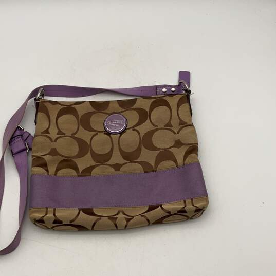 Coach Womens Purple Tan Signature Print Adjustable Strap Crossbody Bag Purse image number 1