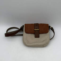 Womens Brown Beige Leather Inner Zip Pocket Magnetic Snap Crossbody Bag