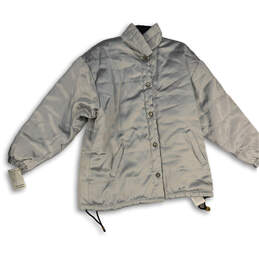 Womens Silver Long Sleeve Mock Neck Button Front Puffer Jacket Size Medium