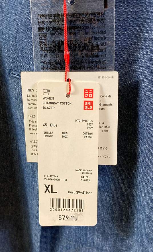 NWT Uniqlo Womens Blue Chambray Cotton Single-Breasted Two-Button Blazer Size XL image number 5