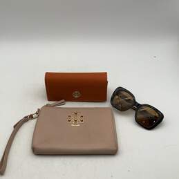 Tory Burch Womens Black Sunglasses W/ Orange Case/ Pink Leather Wristlet Clutch