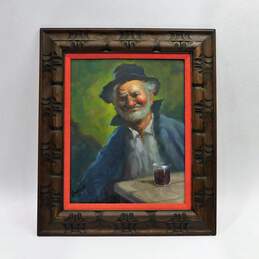 Artist Signed Original Vintage Oil Painting Old Man Drinking Wine Framed Art