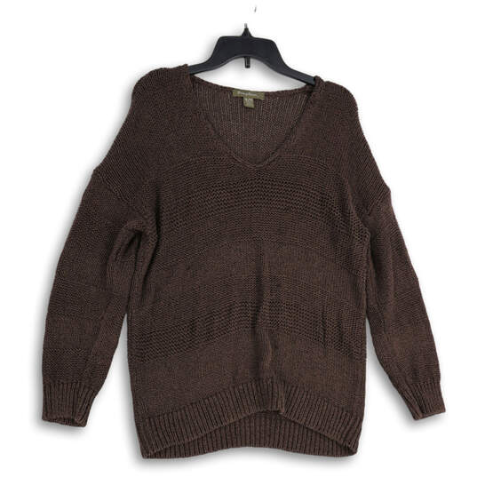 Womens Brown Knitted Long Sleeve V-Neck Pullover Sweater Size XL image number 1