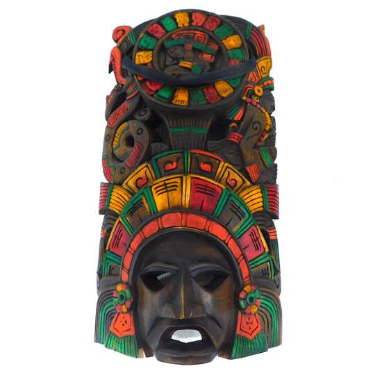 Mayan Aztec Hand Carved Wooden Warrior Mask Tribal Wall Decor Bundle image number 2