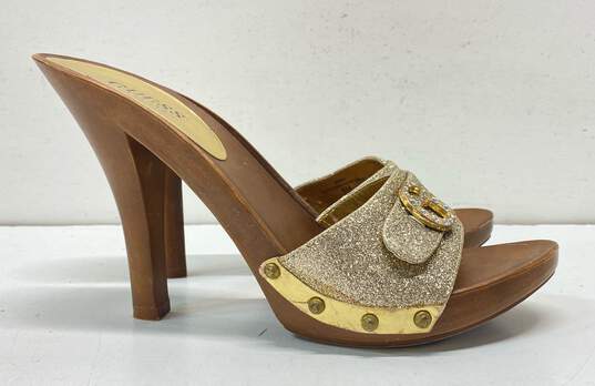 GUESS Gold Glitter G Logo Wooden Heels Shoes Size 8 M image number 3