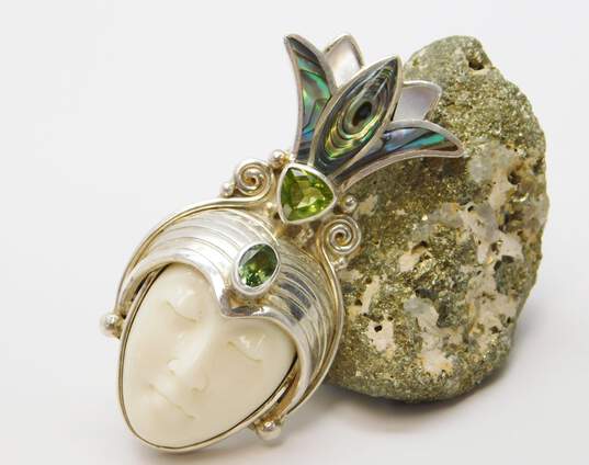 Sajen 925 Goddess Face Faceted Peridot & Abalone & Mother of Pearl Shell Granulated Crown Statement Pendant Brooch 21.5g image number 1