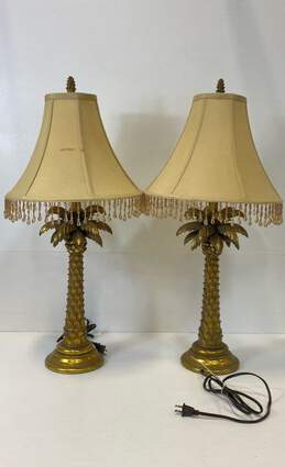 Lot of 2 Lamps with Shades Gold Palm Tree Table Lamp Hollywood Regency Style