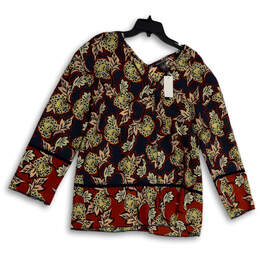 NWT Womens Multicolor Leaves Border Printed V-Neck Long Sleeve Blouse Top L