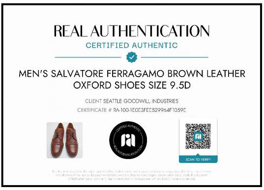 AUTHENTICATED MEN'S FERRAGAMO BROWN LEATHER OXFORDS SIZE 9.5D image number 2