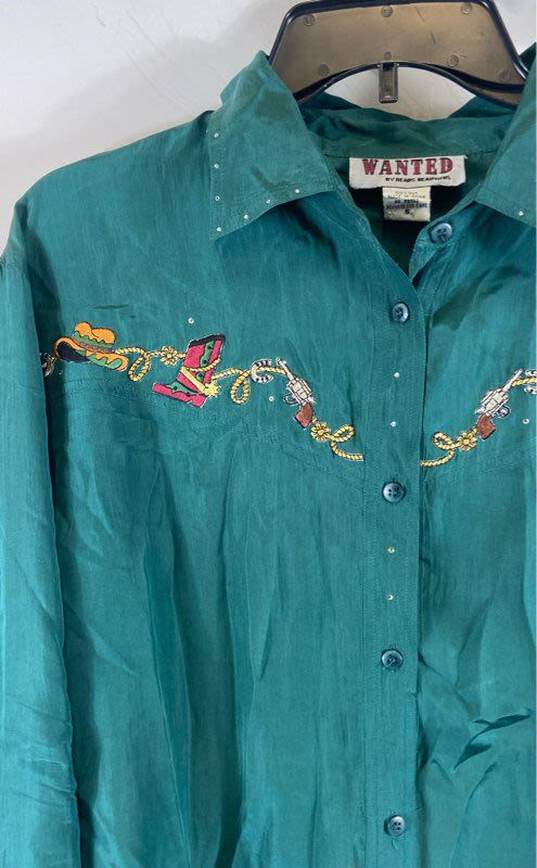 Vintage Wanted Womens Blue Silk Rhinestone Western Button-Up Shirt Size Small image number 3