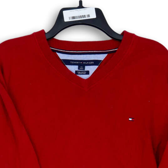 Buy the Mens Red Knitted Pima Cotton V-Neck Long Sleeve Pullover