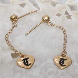 14K Yellow Gold Antique Black Initial 'T' Heart Chain Dangle Earrings