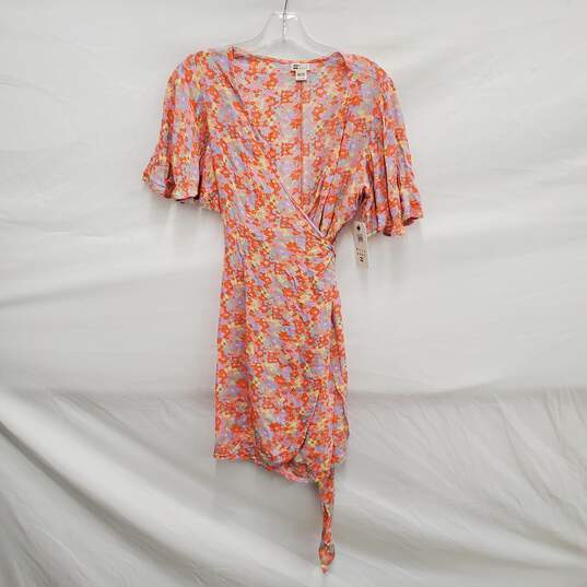 NWT Billabong All For You WM's Short Sleeve Orange & Pink Floral Wrap Mini Dress Size XS image number 1