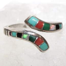 Artisan FL Signed Sterling Silver Multi-Stone Inlay Ring Size 6.50