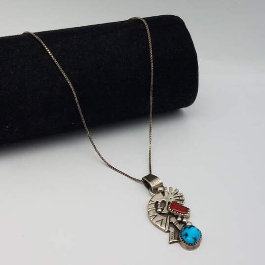 Sterling Unsigned Southwest Turquoise Coral Kokopelli Pendant 24" Necklace 10.5g image number 3