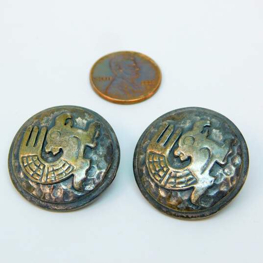 VNTG Coro Silver Tone Mayan Aztec-Inspired Clip-On Disc Earrings 18.2g image number 6