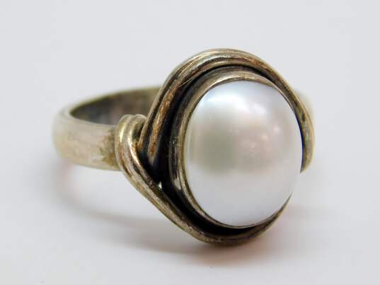 Artisan 925 Brushed Open Teardrops & Faux Pearls Pendant Necklace Stamped Lines Fan Hoop Earrings & Ring 22.7g image number 3