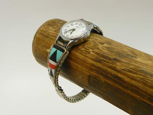 Signed Delberta Boone Zuni NM 925 Southwestern Turquoise Onyx Coral & Mother of Pearl Inlay Rope Accent Watch Tips On Timex Watch 19.9g image number 3