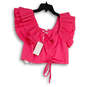 NWT Womens Pink Ruffle Sleeve V-Neck Drawstring Cropped Blouse Top Size M image number 1