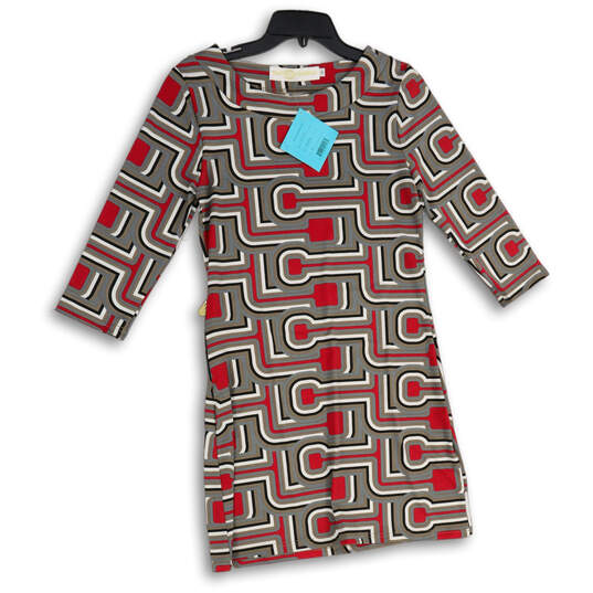 NWT Womens Red Gray Printed Round Neck 3/4 Sleeve Shift Dress Size XS image number 1