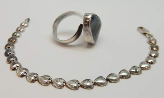 925 Chunky Hematite Ring & Heart Linked Bracelet 21.0g image number 1