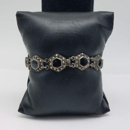 Sterling Silver Marcasite Onyx Hexagon Link 7" Bracelet 15.8g image number 3