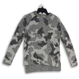 Womens Gray Camouflage Knitted Crew Neck Pullover Sweater Size XXS