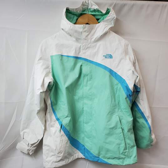 The North Face HyVent White/Blue/Green Hooded Girl's Youth Jacket XL image number 1