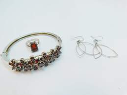 925 Garnet Multi Stone Floral Statement Bracelet Ring & Leaves Earrings 29.6g