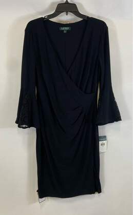 NWT Ralph Lauren Womens Black Lace Ruched Bell Sleeve Midi Sheath Dress Size 14