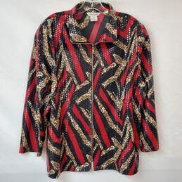 Exclusively Misook Black & Red Leopard Print Shiny Zip Jacket Women's 1X