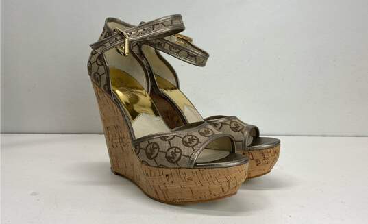 Michael Kors MK Ankle Strap Signature Canvas Sandal Wedge Heels Shoes Size 8.5 M image number 4