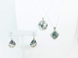 Contemporary 925 Purple Cubic Zirconia & Abalone Abstract Circle & Square Pendant Necklaces & Matching Shell Drop Earrings 14.7g
