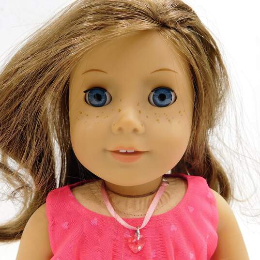American Girl Doll Blue Eyes Brown Hair Freckles W/ Heart Dress & Necklace image number 3