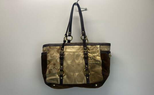 COACH 10388 Tan Gold Signature Suede Canvas Tote Bag image number 2