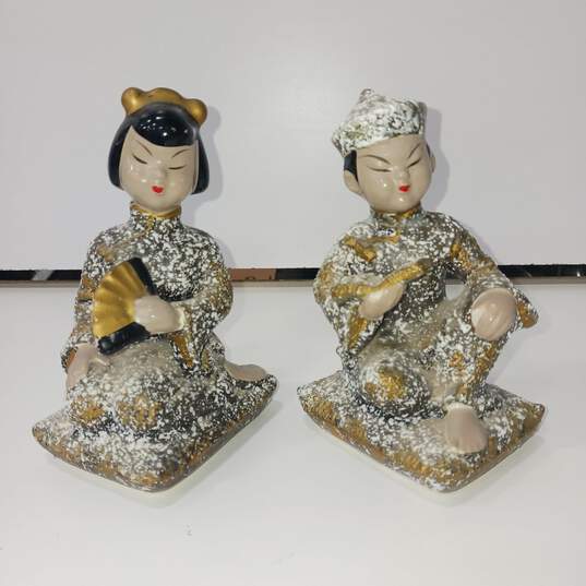 Pair of Vintage Ceramic Asian Boy Reading & Girl Sitting Figurines image number 1