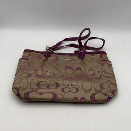 Coach Womens Purple Tan Signature Print Logo Charm Outer Pocket Tote Bag Purse