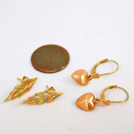 14K White Yellow & Rose Gold Puffed Heart Drop & Feather Post Earrings 1.5g image number 5